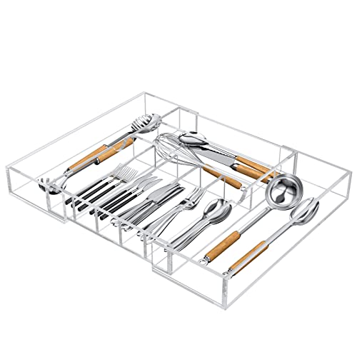  Expandable Kitchen Drawer Organizer For Flatware And Utensils,Clear Acrylic Adjustable Silverware Tray For Drawer,Office,Bathroom Supplies-9 Compartments