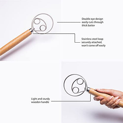  The Original Danish Dough Whisk - 304 Stainless Steel Ring Nonstick Dutch Whisk For Dough - Long Wooden Danish Dough Whisker Bread Mixer Handle Bundle With Flexible Plastic Scraper Cutter