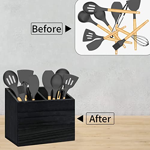  Utensil Holder For Kitchen Counter, Wood Utensil Organizer With 2 Compartments, Utensil Caddy And Silverware Organizer For Kitchen Decor, Black Kitchen Accessories