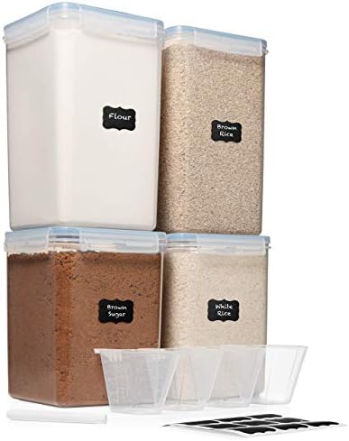  XXL 6.5L / 250 Oz X 2 & XL 5.2L / 175 Oz X 2 - WIDE & DEEP Food Storage Airtight Containers [Set Of 4] + Free 4 Measuring Cups + Labels - Ideal For Sugar, Flour Leakproof BPA Free Clear Plastic