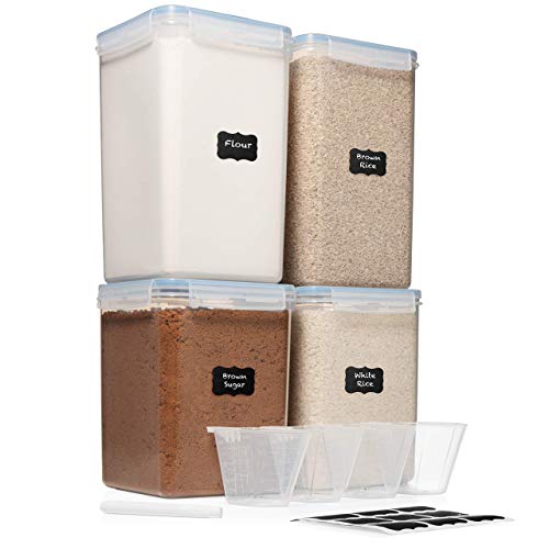  XXL 6.5L / 250 Oz X 2 & XL 5.2L / 175 Oz X 2 - WIDE & DEEP Food Storage Airtight Containers [Set Of 4] + Free 4 Measuring Cups + Labels - Ideal For Sugar, Flour Leakproof BPA Free Clear Plastic