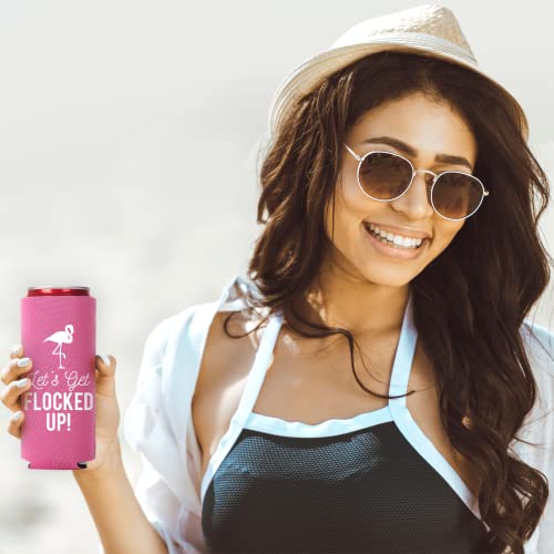  Let's Get Flocked UP!, Set Of 12 Slim Pink And White Can Coolers Cups, Flamingo Can Coolers Perfect Flamingo Party Supplies, Bachelorette Party, And Bridal Showers