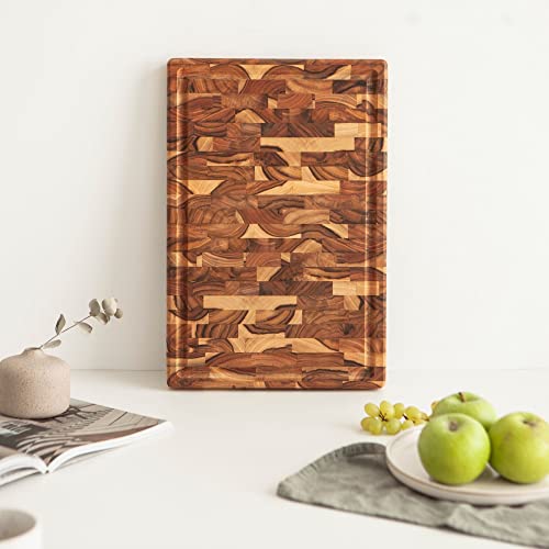  Erreke End Grain Teak Wood Cutting Board, High Durability Big Size, Juice Groove, Chopping Or Serving Meat Cheese Bread (17.5x12x1.3 Inches)