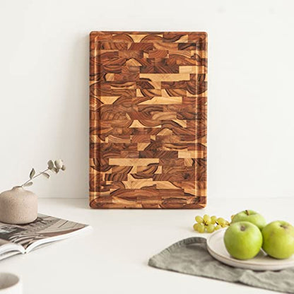  Erreke End Grain Teak Wood Cutting Board, High Durability Big Size, Juice Groove, Chopping Or Serving Meat Cheese Bread (17.5x12x1.3 Inches)