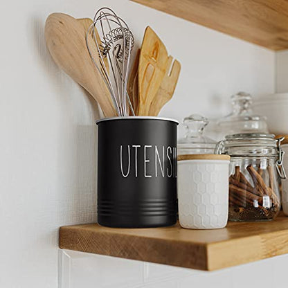  Kitchen Utensil Holder, 6.7" Utensil Holder For Kitchen Counter, Cooking Utensil Crock With Cork Bottom, Modern Farmhouse Kitchen Decor, Countertop Utensil Storage Caddy Organizer, Black