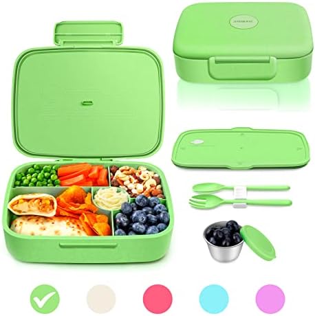  Bento Lunch Box, 5 Compartments Lunch Container For Kids & Adults With Snack Cup, Wheat Fiber Eco-Friendly Double Insulated Boxes, Dishwasher And Microwave Safe, BPA-Free (green)