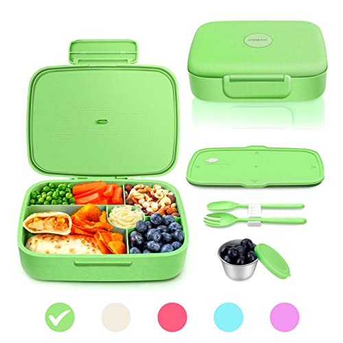  Bento Lunch Box, 5 Compartments Lunch Container For Kids & Adults With Snack Cup, Wheat Fiber Eco-Friendly Double Insulated Boxes, Dishwasher And Microwave Safe, BPA-Free (green)