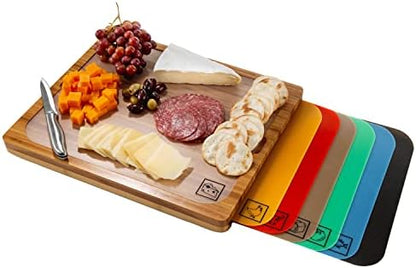  Bamboo Premium Wood Cutting Board Serving Tray W/ 7 Color-Coded BPA-Free Mats, For Chopping Bread, Cheese, Fruits, Vegetables, Meats, Charcuterie (PATENTED), Bamboo (NEW MODEL)