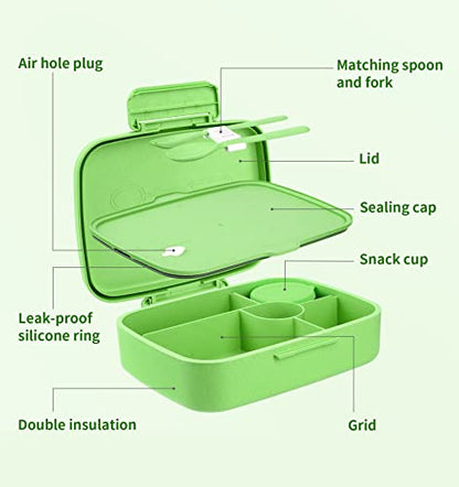 Bento Lunch Box, 5 Compartments Lunch Container For Kids & Adults With Snack Cup, Wheat Fiber Eco-Friendly Double Insulated Boxes, Dishwasher And Microwave Safe, BPA-Free (green)