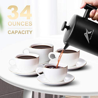  French Press Coffee Maker, 34 Oz, Stainless Steel Double-wall Insulated, With 2 Espresso Cups, Rust-Free, Dishwasher Safe, Black
