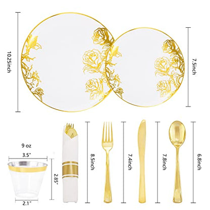  210PCS Gold Plastic Plates, Gold Disposable Dinnerware Set Includes 60 Gold & White Plates With Floral Design,30 Gold Plastic Silverware,30 Per Rolled Napkins,30 Gold Rim Cups For Mother's Day