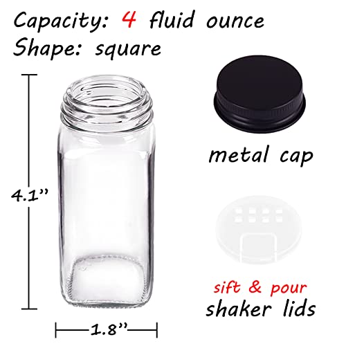  36 Spice Jars With 547 Labels- Glass Spice Jars With Black Metal Caps, 4oz Empty Spice Containers With Shaker Lids, Funnel, Chalk Pen, Square Seasoning Bottles For Spice Rack, Drawer, Cabinet