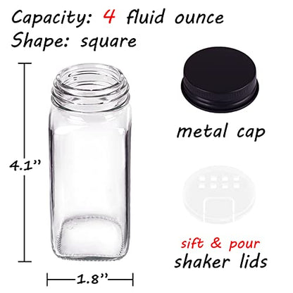 36 Spice Jars With 547 Labels- Glass Spice Jars With Black Metal Caps, 4oz Empty Spice Containers With Shaker Lids, Funnel, Chalk Pen, Square Seasoning Bottles For Spice Rack, Drawer, Cabinet