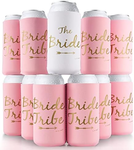  Bride Tribe Bachelorette Party Premium Skinny Can Sleeves - Insulated Neoprene Drink Holders, Fit Slim Spiked Hard Seltzer Beer Cans For Decorations, Supplies, Favors (Pink)