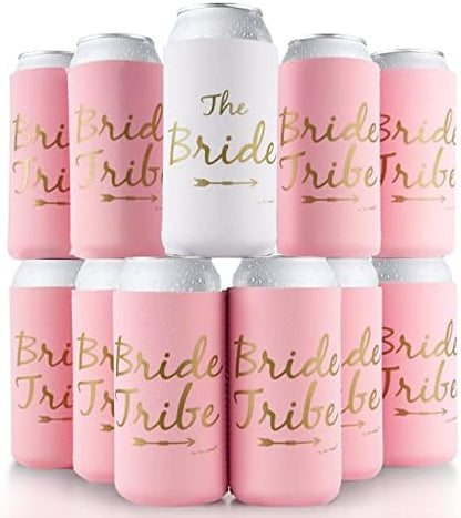  Bride Tribe Bachelorette Party Premium Skinny Can Sleeves - Insulated Neoprene Drink Holders, Fit Slim Spiked Hard Seltzer Beer Cans For Decorations, Supplies, Favors (Pink)