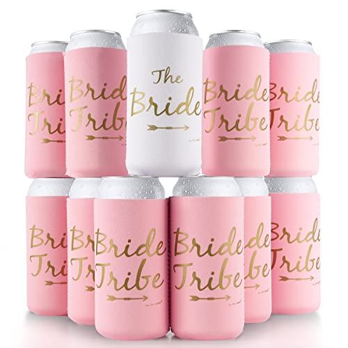  Bride Tribe Bachelorette Party Premium Skinny Can Sleeves - Insulated Neoprene Drink Holders, Fit Slim Spiked Hard Seltzer Beer Cans For Decorations, Supplies, Favors (Pink)