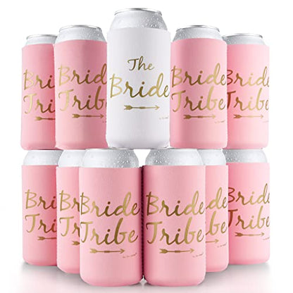  Bride Tribe Bachelorette Party Premium Skinny Can Sleeves - Insulated Neoprene Drink Holders, Fit Slim Spiked Hard Seltzer Beer Cans For Decorations, Supplies, Favors (Pink)
