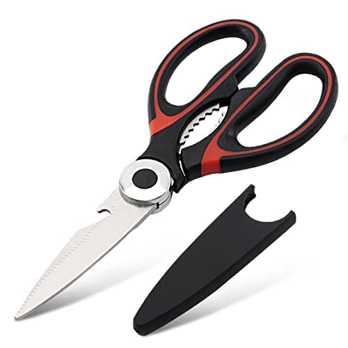  All Purpose Kitchen Shears With Protective Sheath (Red) - Sharp Professional Heavy Duty Multi-function Kitchen Scissors For Household Necessity - Chicken/Poultry/Fish/Meat/Vegetables