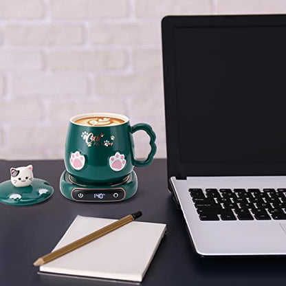  Coffee Mug Warmer & Cute Cat Mug Set, Beverage Cup Warmer For Desk Home Office With Three Temperature Up To 140℉/ 60℃, Coffee Warmer For Cocoa Milk Tea Water Candle, 8 Hours Auto Shut Off