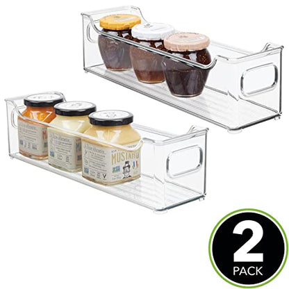  Slim Stackable Plastic Storage Organization Bin With Handles For Kitchen Cabinet, Pantry, Shelf, Refrigerator, Home Organizer For Fruit, Potatoes, Onions, Drinks, Snacks, Pasta, 2 Pack, Clear