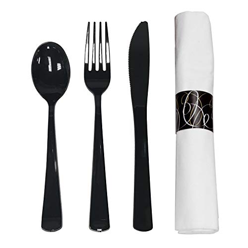  N501732-4 Pre-Rolled Disposable Extra Heavy Duty Plastic Cutlery Kit With Black Fork/Knife/Spoon And 3-Ply White Napkin (Case Of 100 Rolls)