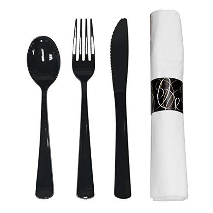  N501732-4 Pre-Rolled Disposable Extra Heavy Duty Plastic Cutlery Kit With Black Fork/Knife/Spoon And 3-Ply White Napkin (Case Of 100 Rolls)