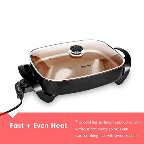  Aynel Professional Non-stick Copper Electric Skillet Jumbo, Deep Dish With Tempered Glass Vented Lid, Upgrade Thermostat, 16”x 12”x 3.15”- 8 Quart