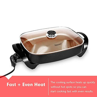  Aynel Professional Non-stick Copper Electric Skillet Jumbo, Deep Dish With Tempered Glass Vented Lid, Upgrade Thermostat, 16”x 12”x 3.15”- 8 Quart