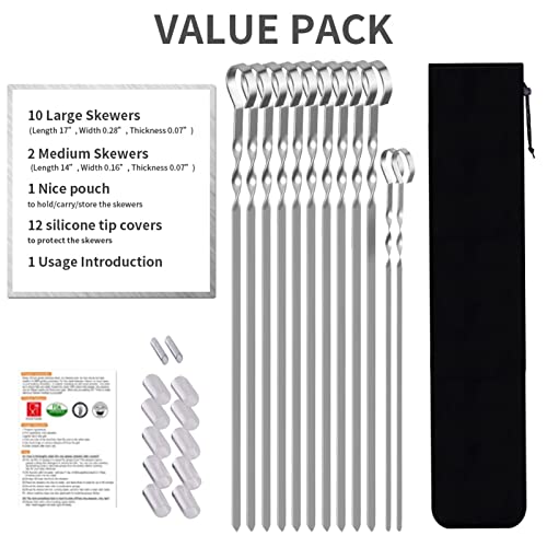  Kabob Skewers, 17" Metal Kebab Skewers Flat Long Stainless Steel Wide Reusable BBQ Barbecue Shish Kabob Sticks Skewers For Grilling Meat Shrimp Chicken Vegetable, 12 Pack Including Bonus 14" Skewers