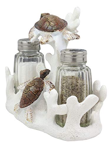  Nautical White Coral Reef With 2 Swimming Sea Turtles Salt And Pepper Shakers Holder Set Figurine Coastal Beach Turtles Tortoises Decorative Sculpture As Kitchen Dining Centerpiece Accent