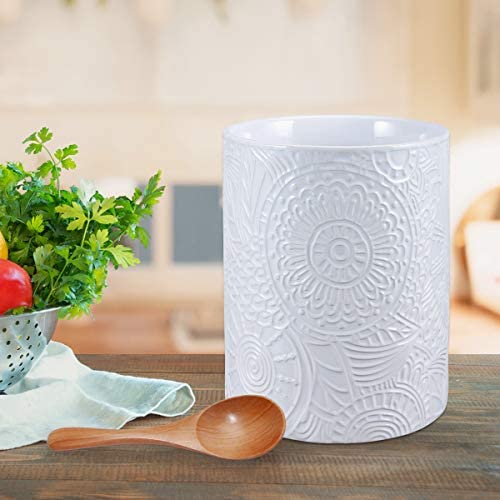  Ceramic Utensil Holder For Countertop, Large Utensil Holder Farmhouse Utensil Crock For Kitchen & Dining Table, White Cooking Utensil Holder,Relief Design, White Color