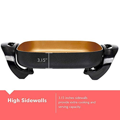  Aynel Professional Non-stick Copper Electric Skillet Jumbo, Deep Dish With Tempered Glass Vented Lid, Upgrade Thermostat, 16”x 12”x 3.15”- 8 Quart