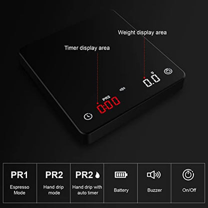  Coffee Scale, Espresso Scale,Weigh Digital Coffee Scale With Timer, 2kg/0.1g High Precision Pour Over Hand Drip Scale Weighing Instrument Auto Mode(LED,Black,Rechargeable)