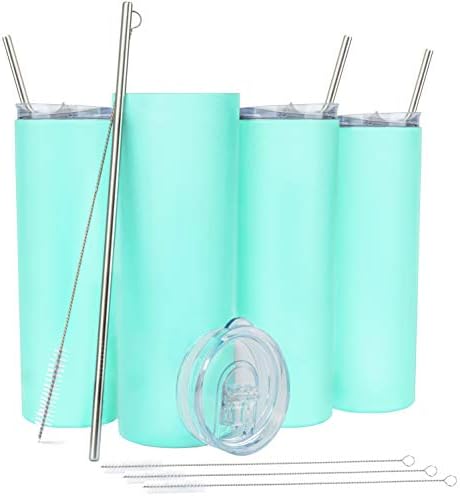  Kinny Tumblers With Lids And Straws (4 Pack) - 20 Oz Double Wall Insulated Slim Stainless Steel Silver Tumblers With Straw Cleaner | Reusable Travel Mug For Hot And Cold Beverages