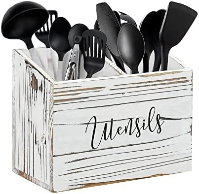  Wood Utensil Caddy For Kitchen Countertop, Utensil Holder With 2 Compartments, Wood Utensil Crock For Kitchen Counter, Kitchen Utensil Organizer For Countertop, Rustic White