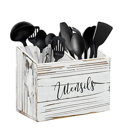  Wood Utensil Caddy For Kitchen Countertop, Utensil Holder With 2 Compartments, Wood Utensil Crock For Kitchen Counter, Kitchen Utensil Organizer For Countertop, Rustic White
