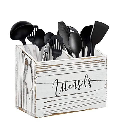  Wood Utensil Caddy For Kitchen Countertop, Utensil Holder With 2 Compartments, Wood Utensil Crock For Kitchen Counter, Kitchen Utensil Organizer For Countertop, Rustic White
