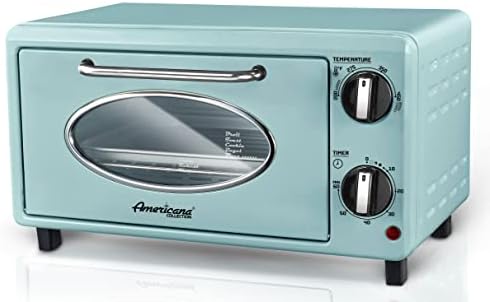  By Maximatic Americana Collection ETO147M Diner 50’s Retro Countertop Toaster Oven, Bake, Toast, Fits 8” Pizza, Temperature Control & Adjustable 60-Minute Timer 1000W, 2 Slice, Mint
