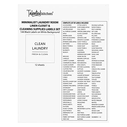  144 Minimalistic Laundry Room Labels For Glass Jars, Preprinted Linen Closet Stickers For Containers, Bathroom Organization, Cleaning Supplies (Black)
