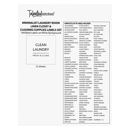  144 Minimalistic Laundry Room Labels For Glass Jars, Preprinted Linen Closet Stickers For Containers, Bathroom Organization, Cleaning Supplies (Black)