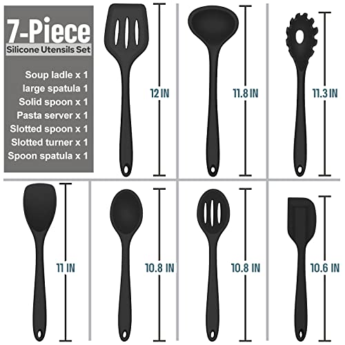  Silicone Cooking Utensils Set, E-far 7-Piece Black Heat Resistant Kitchen Utensils Set, Kitchen Nonstick Tools Spatula Ladle Spoon Pasta Server For Non-stick Cookware, Non-Toxic & Dishwasher Safe
