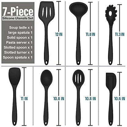 Silicone Cooking Utensils Set, E-far 7-Piece Black Heat Resistant Kitchen Utensils Set, Kitchen Nonstick Tools Spatula Ladle Spoon Pasta Server For Non-stick Cookware, Non-Toxic & Dishwasher Safe