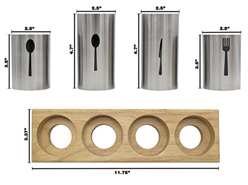  Silverware Holder With Caddy For Spoons, Knives Forks, Etc — Ideal For Kitchen, Dining, Entertaining, Buffet, Picnic, And More — Stainless Steel With Bamboo Wood Base