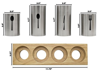  Silverware Holder With Caddy For Spoons, Knives Forks, Etc — Ideal For Kitchen, Dining, Entertaining, Buffet, Picnic, And More — Stainless Steel With Bamboo Wood Base