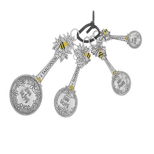  4-Piece Set Bee Happy Honeybee Antique Silver Tone Zinc Alloy Measuring Spoon, One Size