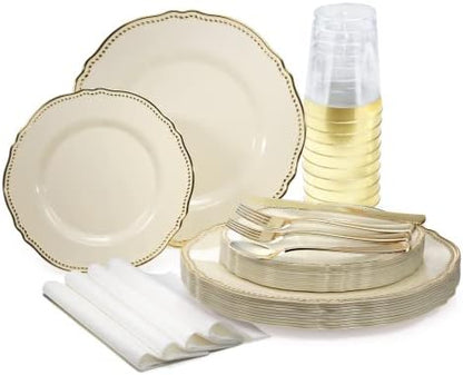  " OCCASIONS " 120 Plates Pack,(60 Guests) Heavyweight Premium Wedding Party Disposable Plastic Plates Set -60 X 10.25'' Dinner + 60 X 7.5'' Salad/Dessert (Rochelle Seafoam/Mint And Gold))