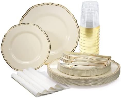  " OCCASIONS " 120 Plates Pack,(60 Guests) Heavyweight Premium Wedding Party Disposable Plastic Plates Set -60 X 10.25'' Dinner + 60 X 7.5'' Salad/Dessert (Rochelle Seafoam/Mint And Gold))