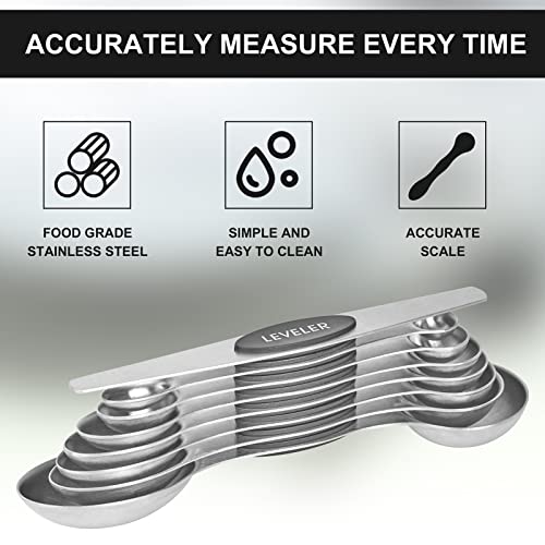  Measuring Spoons, Magnetic Measuring Spoons Set Of 8 Stainless Steel Dual Sided Teaspoon And Tablespoon Stackable With Leveler Fits In Different Spice Jars For Dry And Liquid Ingredients… (X1)