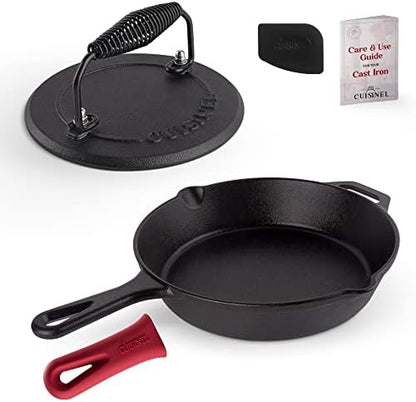  Ast Iron Skillet + Grill Press + Scraper Set - 10"-inch Pre-Seasoned Frying Pan + Silicone Handle Grip - 7" Round Burger Smasher - Indoor/Outdoor, Stove, Oven, Grill, Induction Safe Kitchen Cookware