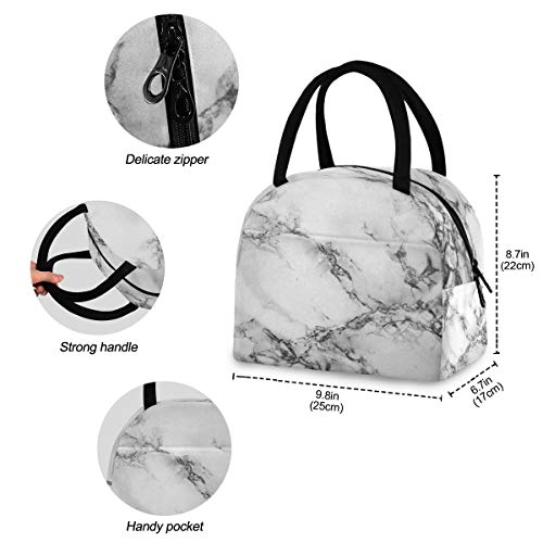  Senya Lunch Bag, White Marble Black Texture Insulated Lunch Box Cooler Bag Tote Bag For Women Kids/Picnic/School/Work